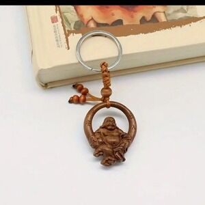 Peach Wood Buddha Shaped Keychain Good Luck Bohemian NEW